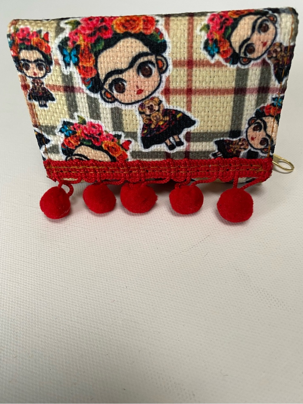 Frida Kahlo Print Kids Coin Purse with Red Pom Trim